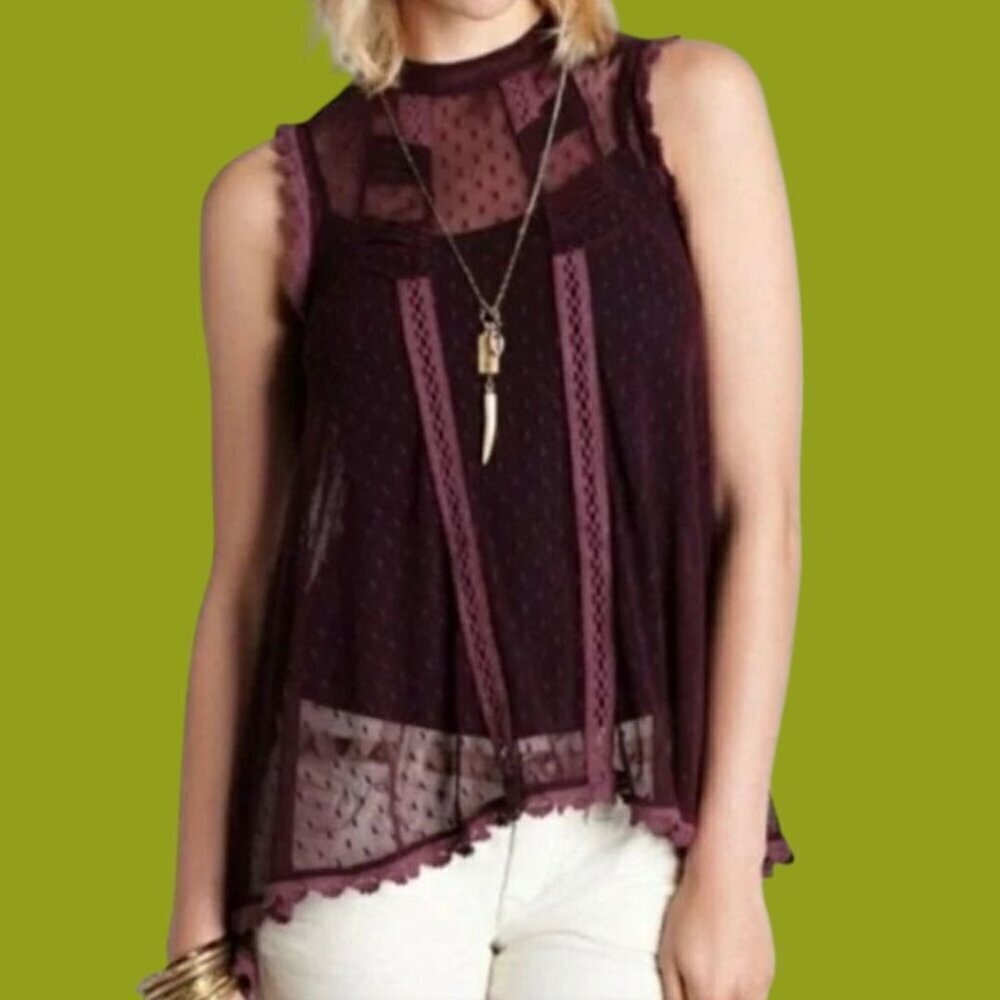 Free People Deep Purple Sheer Lace Sleeveless Top Size XSmall